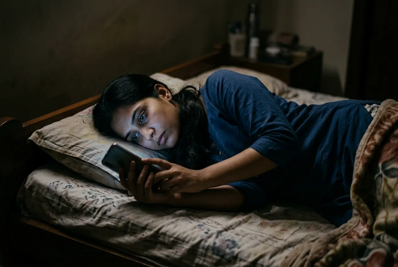 A young Indian woman lying in bed late at night, her face lit by her phone
